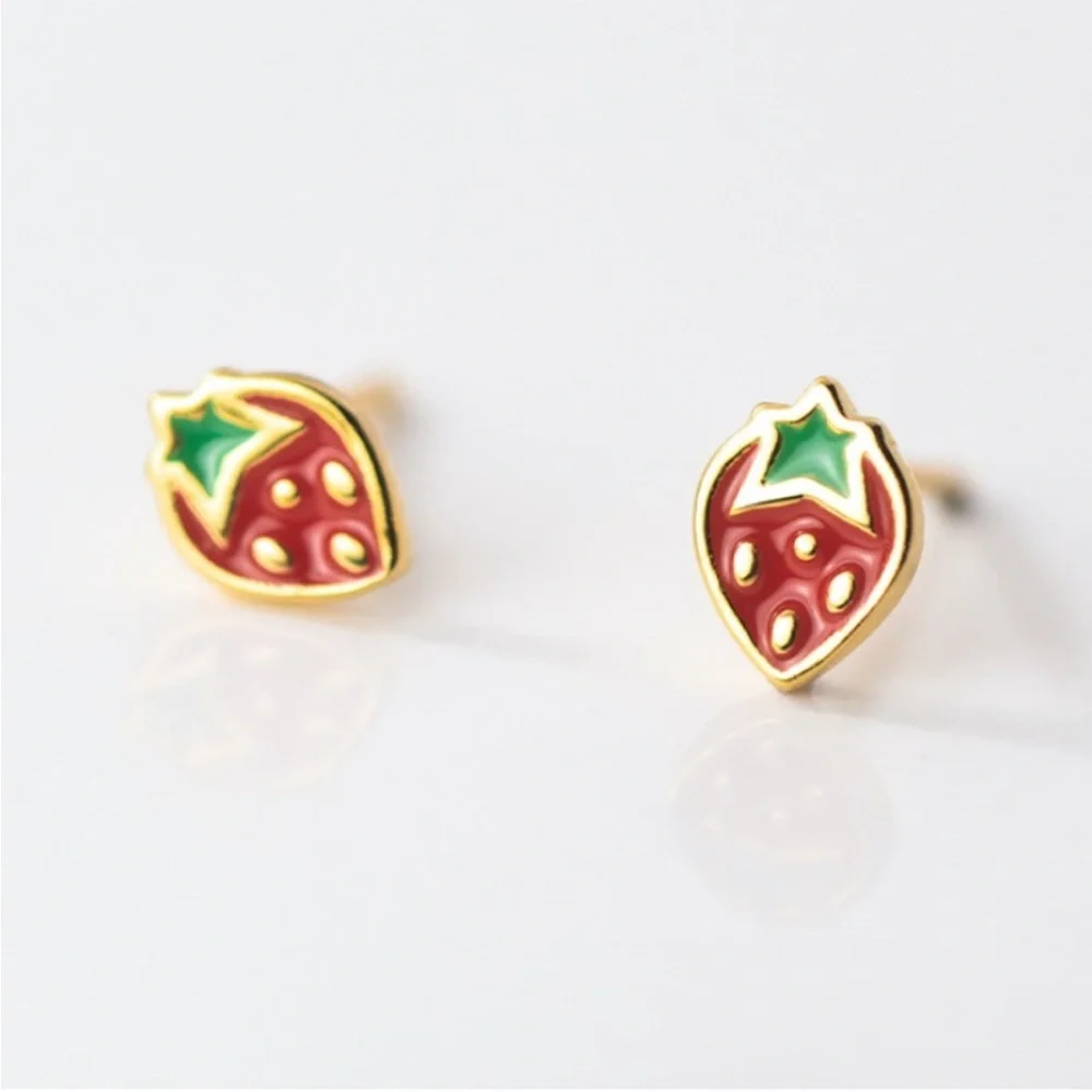 Gold Sterling Silver Strawberry Dainty Minimalist Stud Post Earrings - Picture 1 of 5